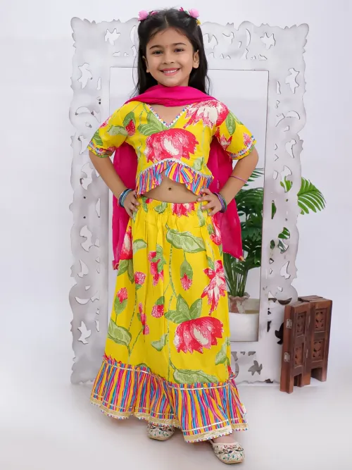 Girls Floral Print Cotton Top With Lehenga And Dupatta Set – Yellow