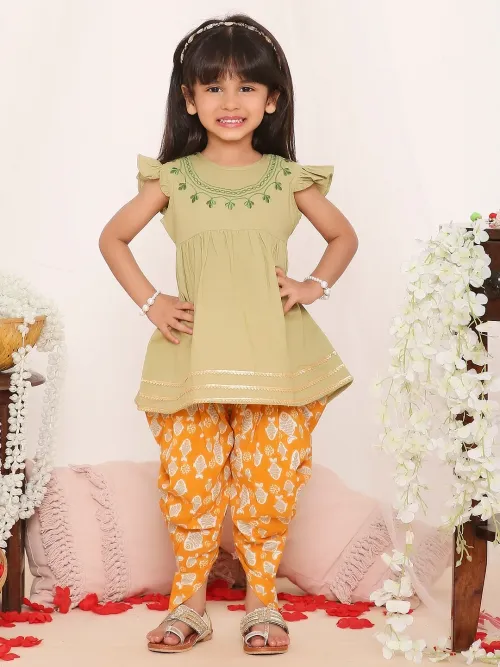 Girls Embroidered Cotton Peplum Top with Dhoti Set