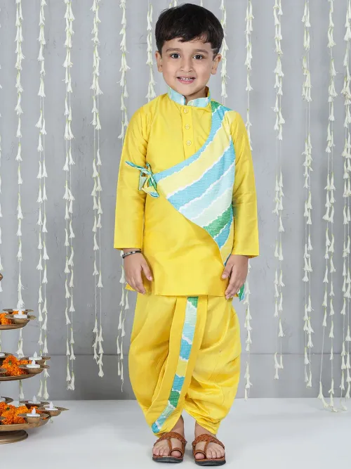 Boys Attached Jacket Kurta And Dhoti Set - Yellow Printed Silk Blend