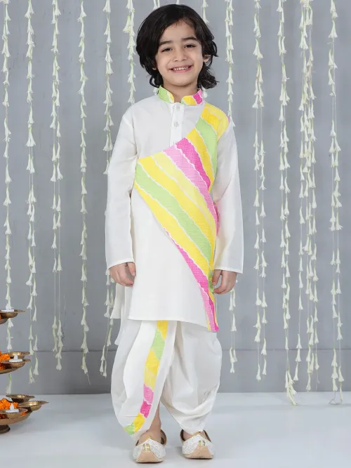 Boys Silk Blend Printed Kurta and Dhoti Set with Attached Jacket