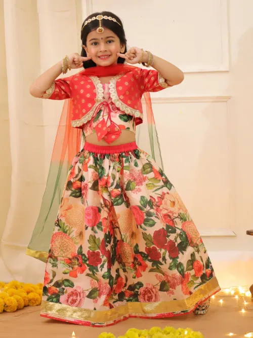 Girls Peach Embroidered Lehenga Choli with Net Dupatta