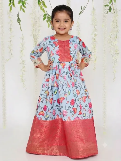Girls Pichwa Long Gown – Blue Poly Silk Floor-Length Ethnic Dress