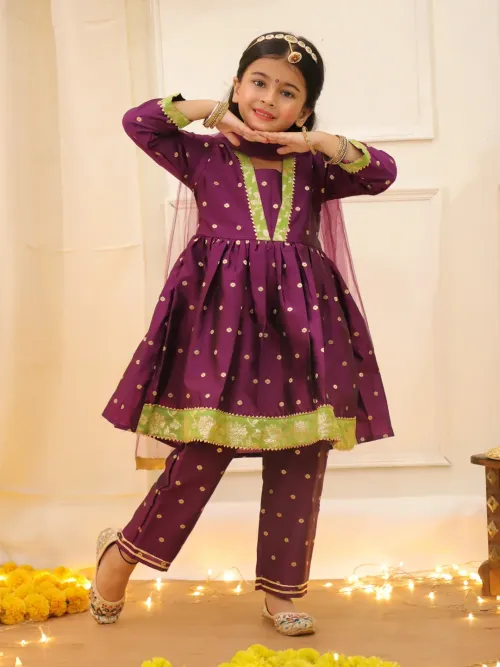Girls Chanda Buti Anarkali Pant Set with Dupatta – Purple Taffeta Silk