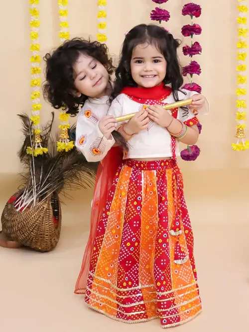 Radha Pure Cotton Printed Lehenga Choli Dupatta Set For Girls With Kanha Pure Cotton Printed Kurta Dhoti Set For Boys Orange