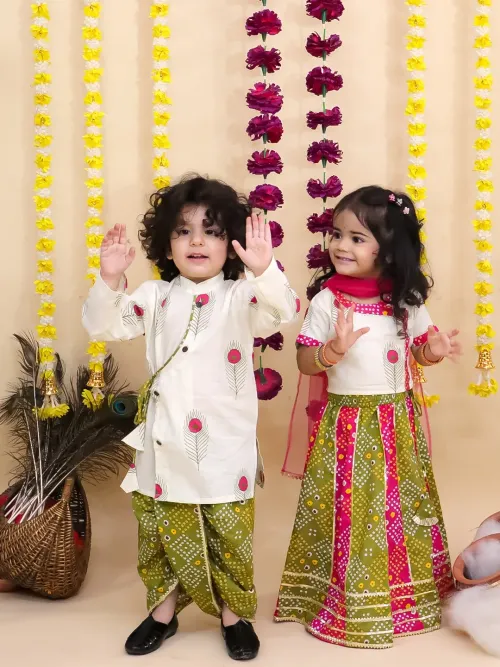 Sibling Matching Radha Pink Pure Cotton Printed Lehenga Choli Dupatta Set and Kanha Green Pure Cotton Printed Kurta Dhoti Set for Kids