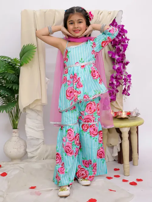 Girls Floral Print Cotton Kurti Sharara with Dupatta Set