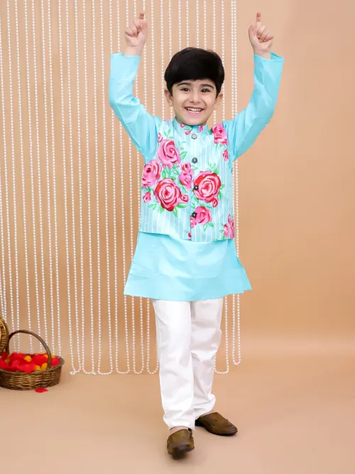 Boys Floral Cotton Kurta, Pajama and Jacket Set