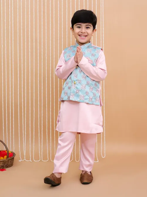 Boys Peach Kurta Pajama Set with Embroidered Jacket