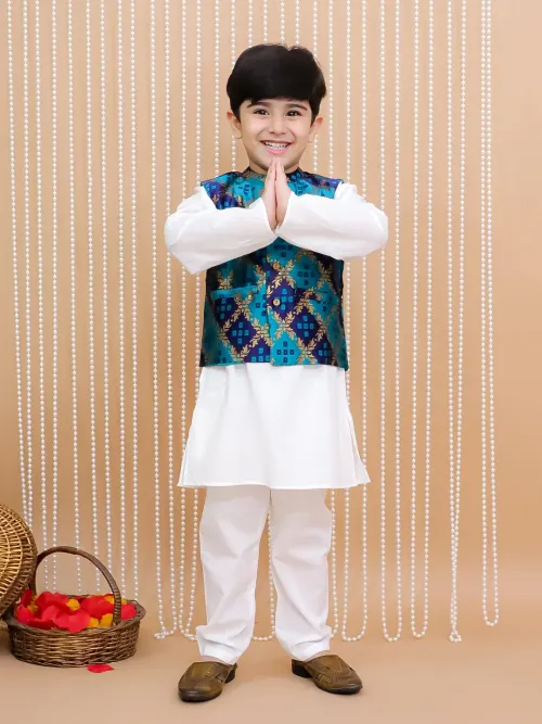 Boys Bandhani Bundi Jacket with Kurta and Pyjama Set – Green