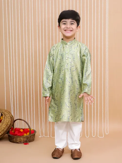 Foil Printed Kurta Pajama Set for Boys - Green