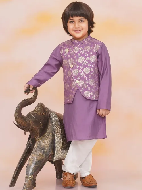 Boys Purple Kurta Pajama with Attached Jacket Set