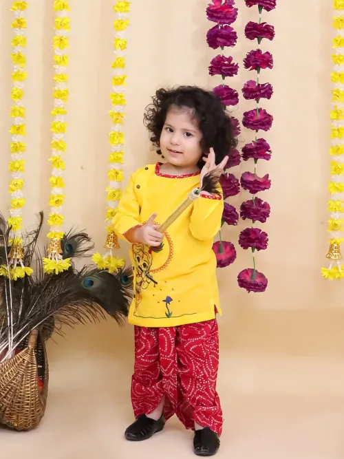 Nandlala Pure Cotton Embroidered Kurta Dhoti Set for Boys - Yellow
