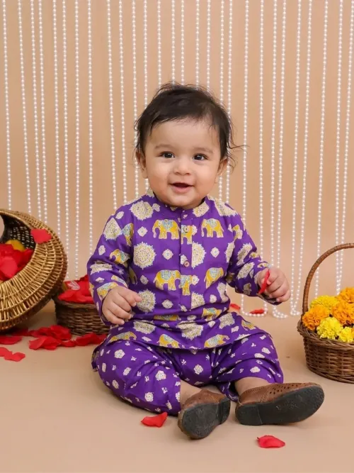 Infants Elephant Print Kurta Dhoti Set For Boys
