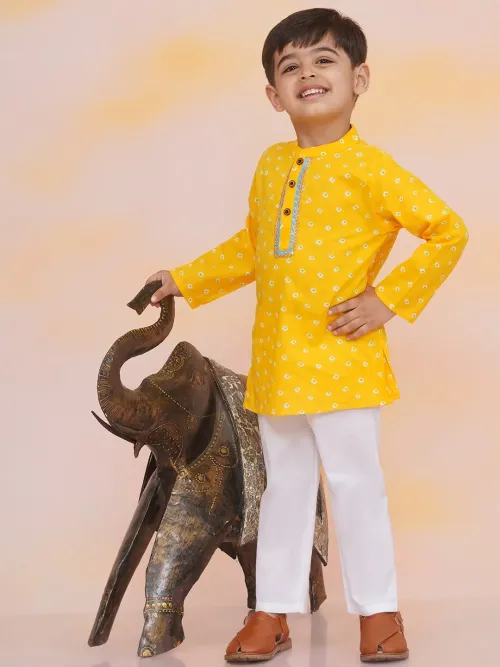 Boys Chandaa Bandhani Print Cotton Kurta Pyjama Set - Yellow