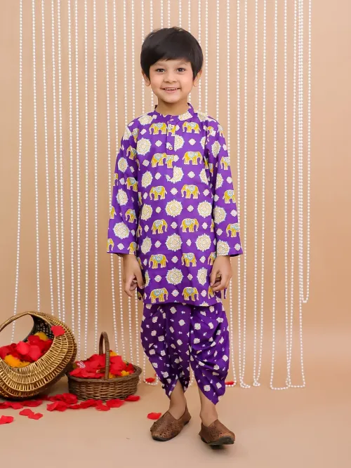 Elephant Print Kurta Dhoti Set for Boys - Purple
