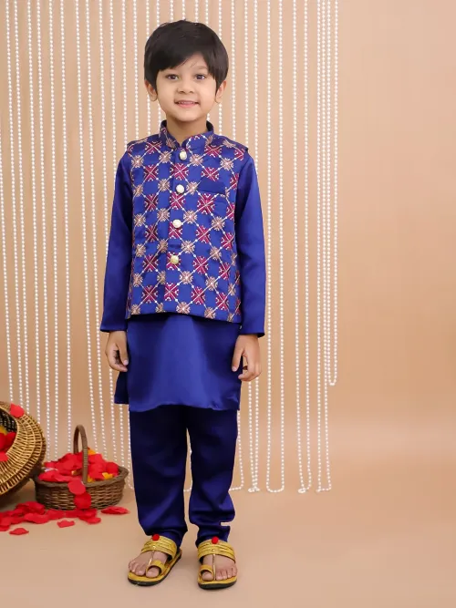 Boys Kurta Pajama with Embroidered Jacket - Navy