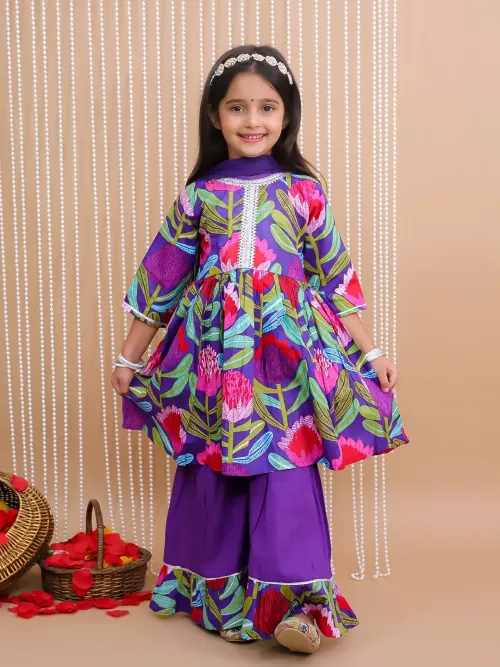 Kids Girls Pure Cotton Blossom Kurti Sharara with Dupatta Set – Purple