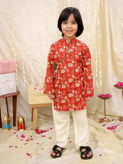 Boys Jungle Jam Printed Cotton Kurta Pyjama Set – Maroon