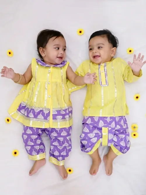 Infant Yellow Top & Salwar Set for Girls with Cotton Kurta Dhoti Set for Boys