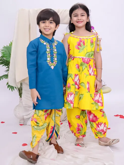 Girls Floral Peplum Top with Afghani Salwar Set and Boys Embroidered Kurta with Dhoti Set – Yellow & Blue