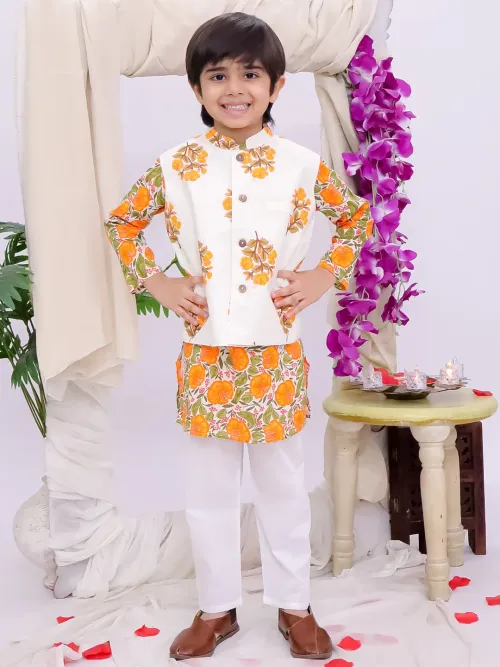 Phool Bahar Pure Cotton Kurta Pajama with Jacket Set for Boys