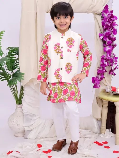 Boys Phool Bahar Pure Cotton Kurta Pajama with Jacket Set - Pink