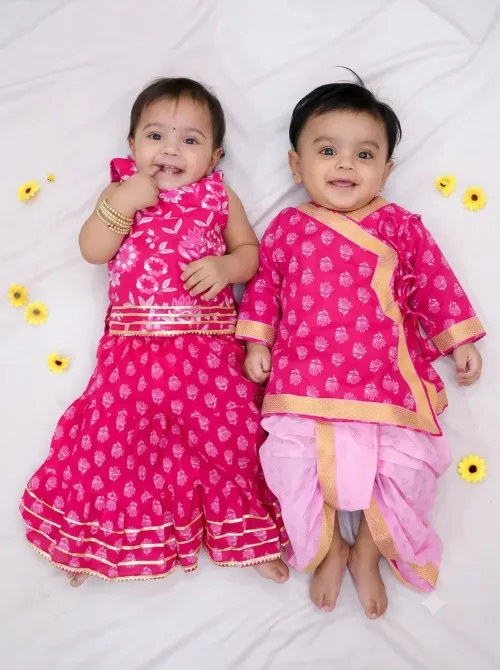 Sibling Matching Pure Cotton Printed Skirt Top for Girls and Anghrakha Kurta Dhoti Set for Boys
