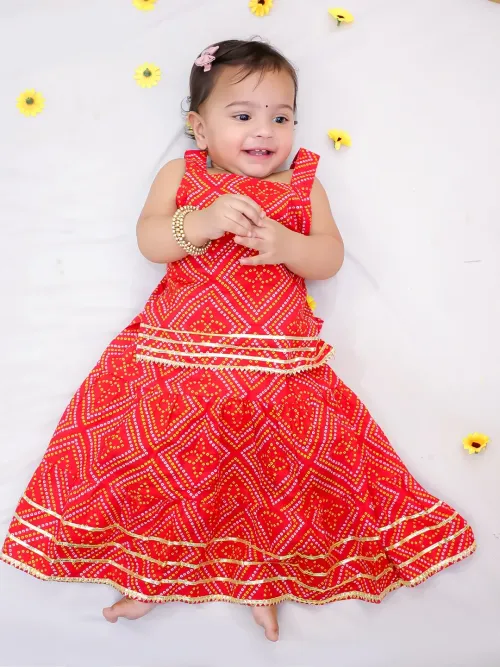 Pure Cotton Printed Skirt Top for Girls - Red