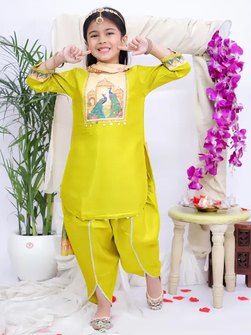 Girls Green Silk Peacock Print Kurti, Dhoti and Dupatta Set