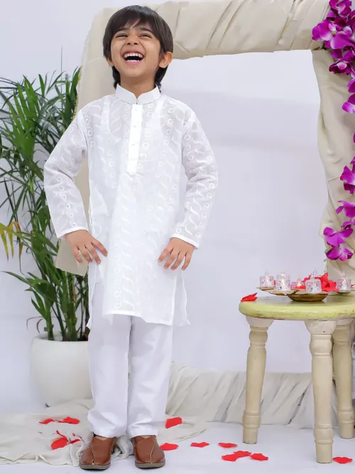 Pure Cotton Chikankari Kurta Pajama Set for Boys