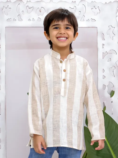 Boys Striped Cotton Short Kurta – Beige, Full Sleeves, Round Neck