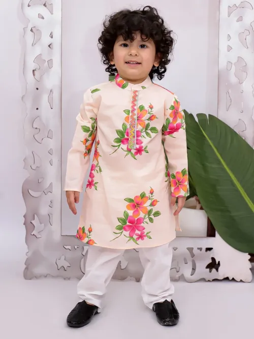Boys Full Sleeves Floral Printed Cotton Kurta Pyjama Set, Offwhite