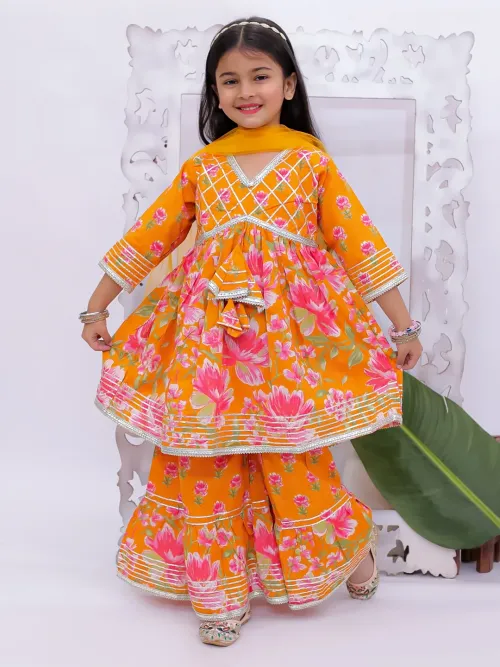 Girls Gota Work Floral Printed Kurta Sharara With Dupatta Set Orange