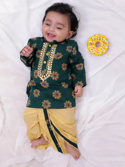 Infant Boys Green Cotton Kurta and Dhoti Set with Mirror Work Embroidery