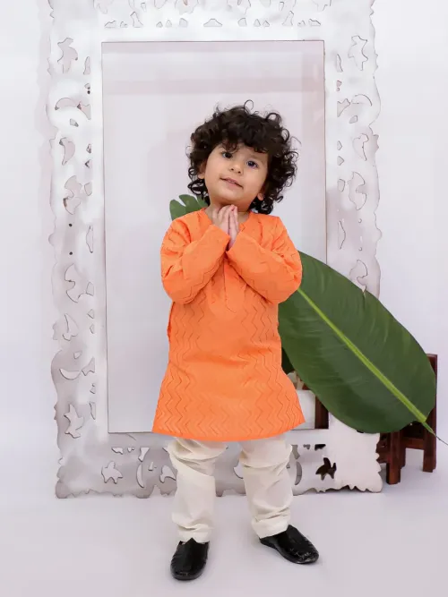 Boys Full Sleeves Zig Zag Embroidered Cotton Kurta Pyjama Set
