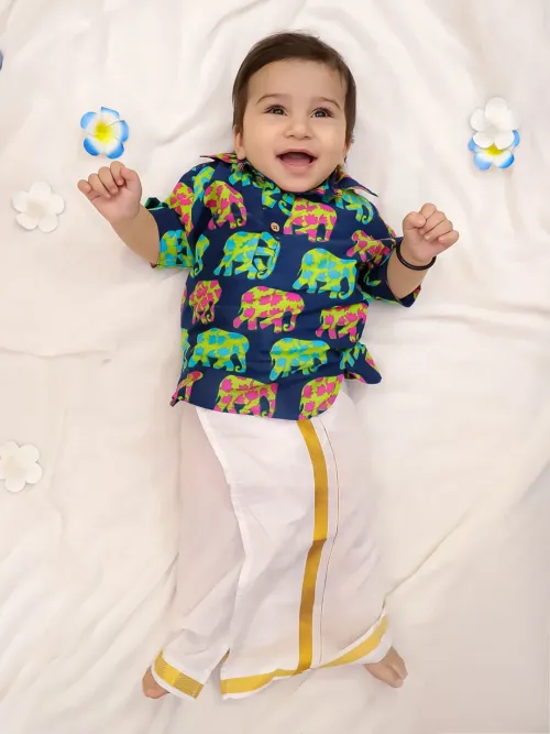 Boys Elephant Print Cotton Kurta with Lungi