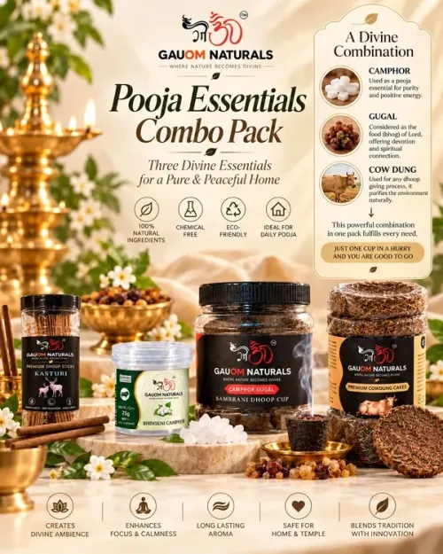Cow Dung Cakes, Sambrani Dhoop Cups, Bhimseni Camphor & Kasturi Dhoop Sticks Combo Pack of 4
