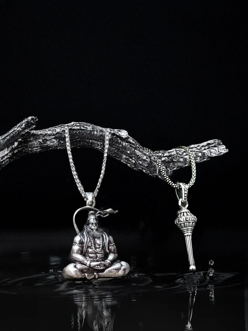 Bajrang Bali Hanuman Pendant and Hanuman Gadha Silver Combo product image