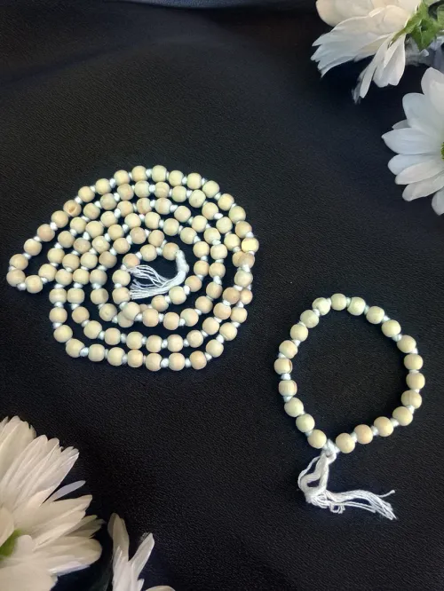 White Tulsi Mala (54 Beads) and Bracelet Combo