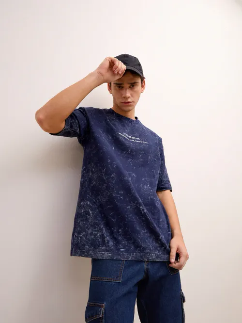Indigo Blue Acid Wash Oversized T-Shirt - "।। यतो धर्मः ततो जयः ।।" Sanskrit quotes