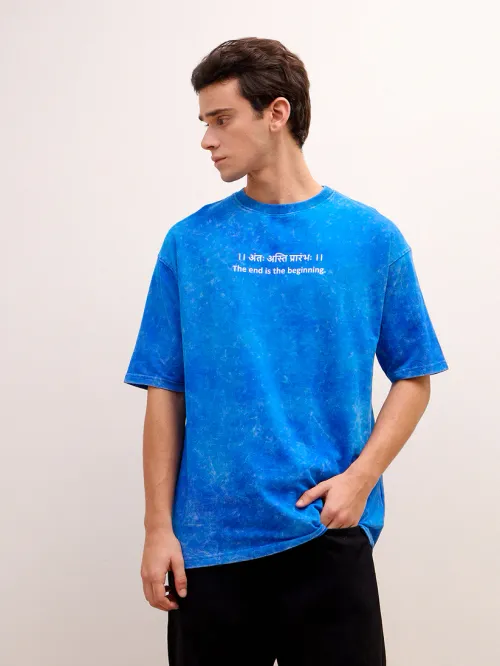 Royal Blue Acid Wash Oversized T-Shirt - "।। अंतः अस्ति प्रारंभः ।।" Sanskrit quotes