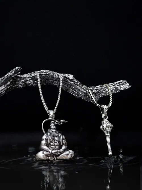 Bajrang Bali Hanuman Pendant and Hanuman Gadha Silver Combo