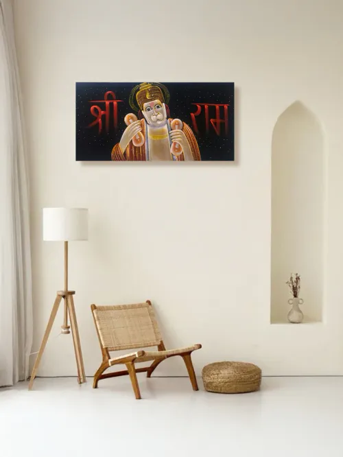 Hand-Painted Velvet Wall Art – Hanuman Ji Chanting Shree Ram (Without Frame)