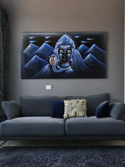 Hand-Painted Velvet Wall Art – Lord Shiva in Kailash Parvat (Without Frame)