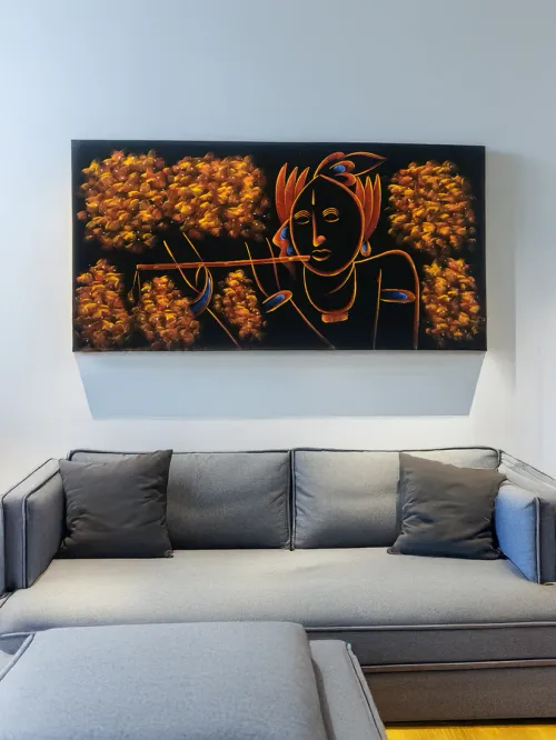 Hand-Painted Velvet Wall Art – Krishna with Flute (Without Frame)