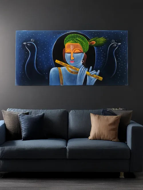 Hand-Painted Velvet Wall Art – Krishna with Flute and Peacock (Without Frame)