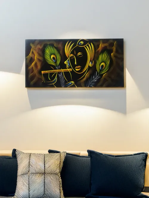 Hand-Painted Velvet Wall Art – Krishna with Flute