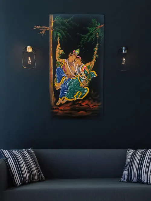 Hand-Painted Velvet Wall Art – Radha Krishna on Jhula (Without Frame)