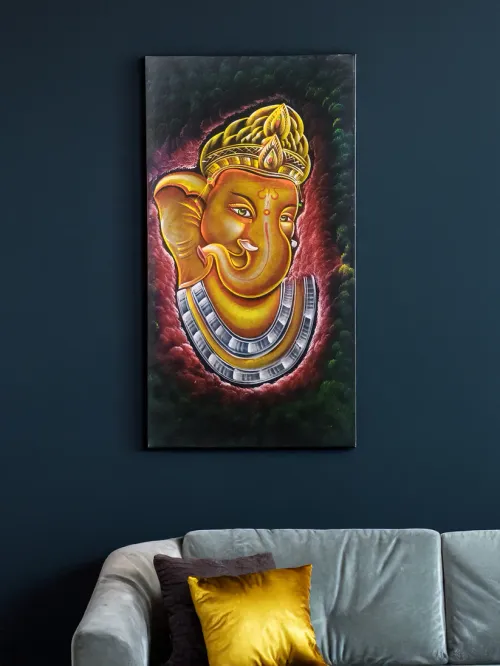 Hand-Painted Velvet Wall Art – Lord Ganesha (Without Frame)