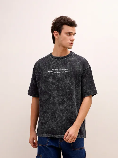 Black Acid Wash Oversized T-Shirt - "।। यत् भावो – तत् भवति ।।" Sanskrit quotes